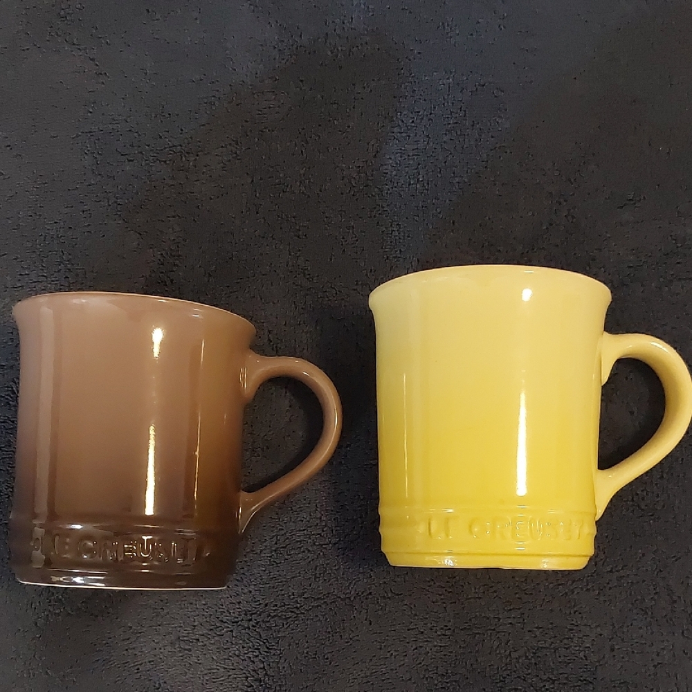 Le Creuset Stoneware Mugs in Brown and Yellow
